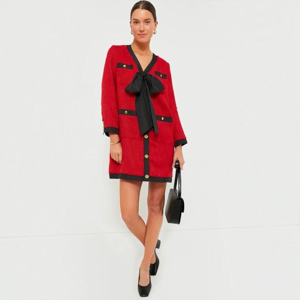 Tuckernuck Pomander Place Coco Tweed Bow Mini Dress in Red Size Small Career